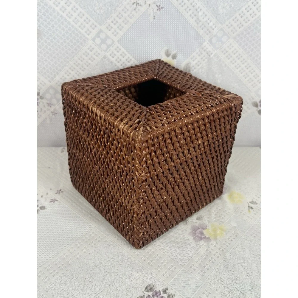 Vintage Wicker Rattan Wood Square Tissue Box Cover Holder‎ Tropical Coastal